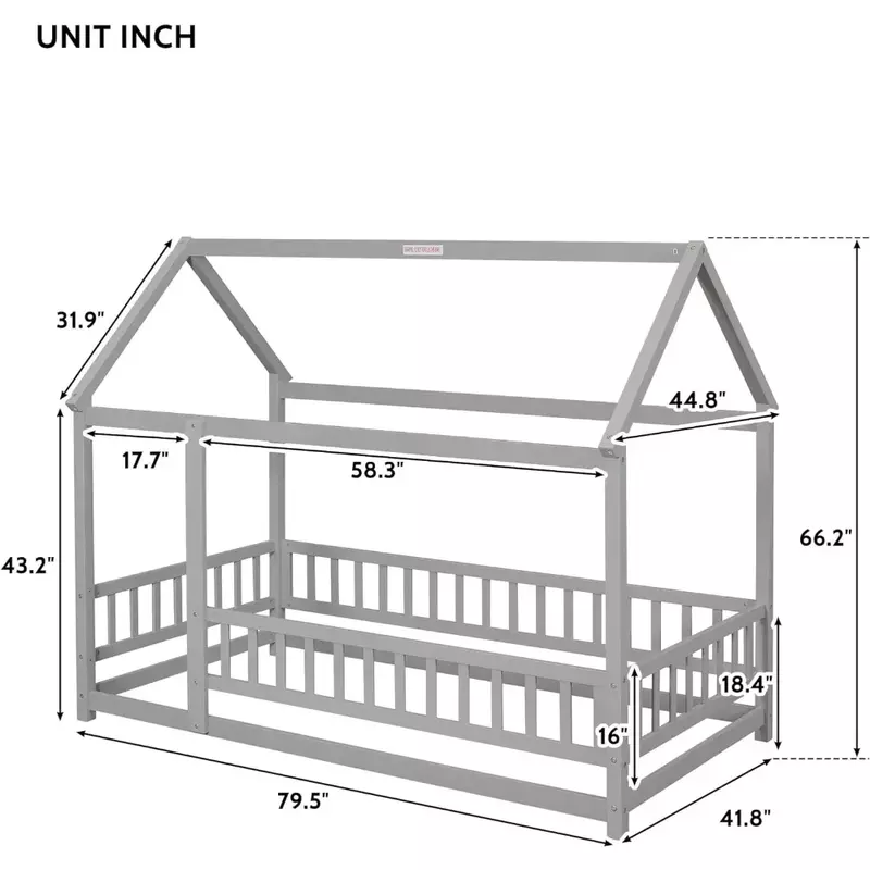Camera doppia-letto a pavimento, bambini con recinzione e tetto, ragazze, ragazzi (Twin, grigio), letto Montessori in legno