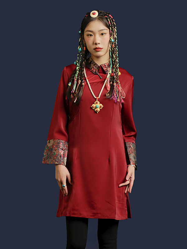 بدلة ملابس نسائية عالية الجودة ، أحمر ، طراز صيني ، شيونغسام محسن ، ريترو ، صغير ، ياقة قائمة ، وطني ، شائع ، جديد
