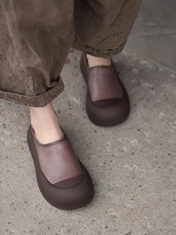 Artmu Genuine Leather Thick Sole Round Toe Women Slippers 2024 Summer Outside Wear Casual Boken Slippers Handmade Women Shoes