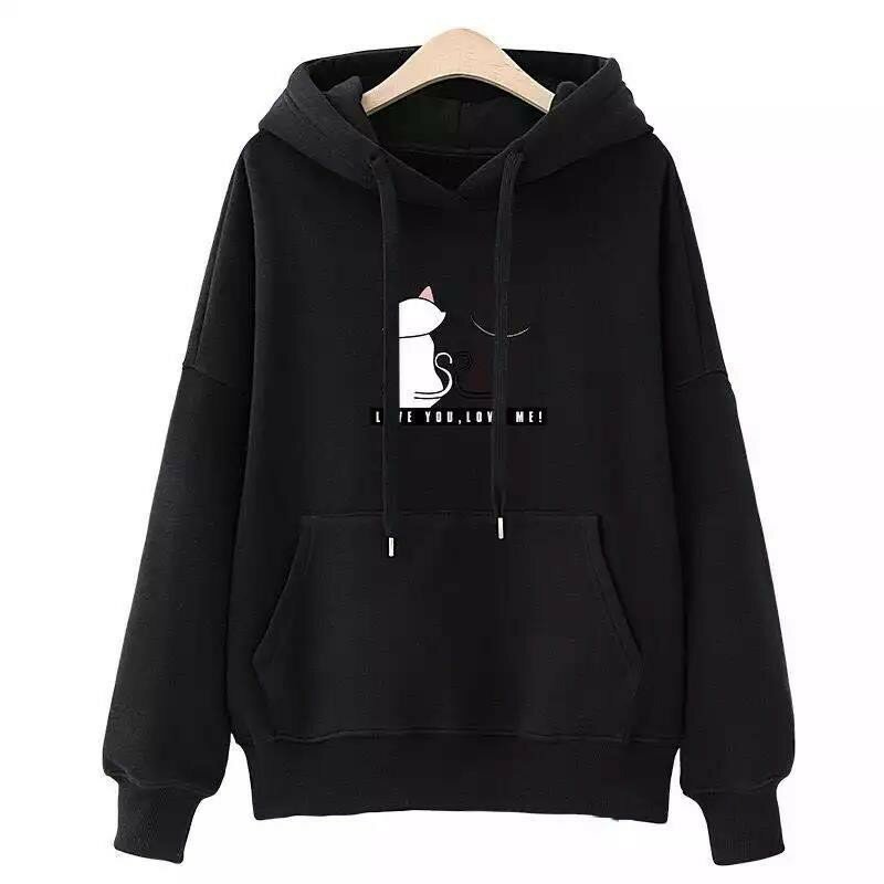 2024 Autumn/Winter New Couple Black Cat and White Cat Print Fashion Leisure Sports Hooded Sweater Loose Fleece Hooded Top