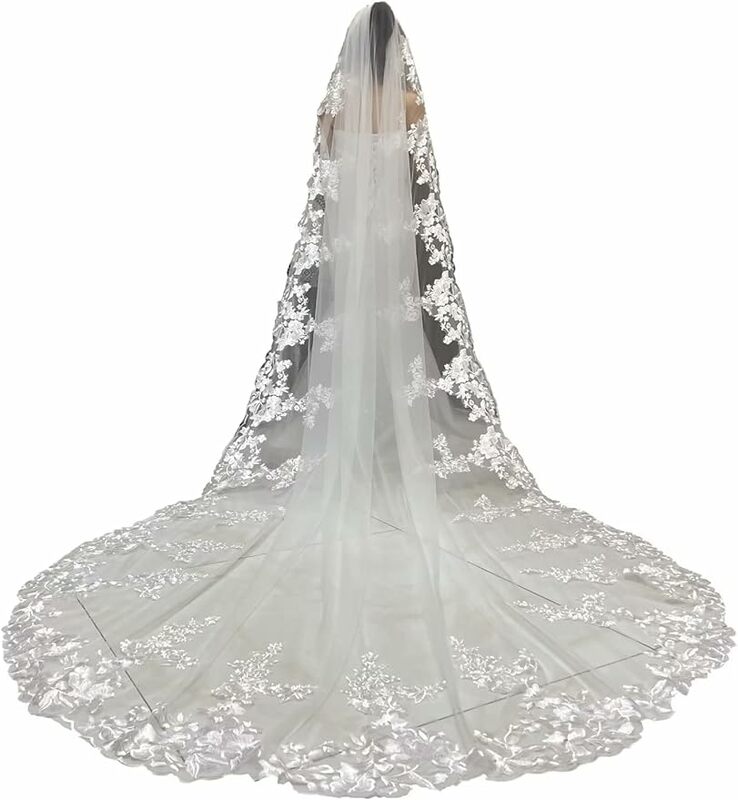 الترتر الدانتيل الحجاب الزفاف مع مشط ، طول الكاتدرائية ، زين ، 1 الطبقة