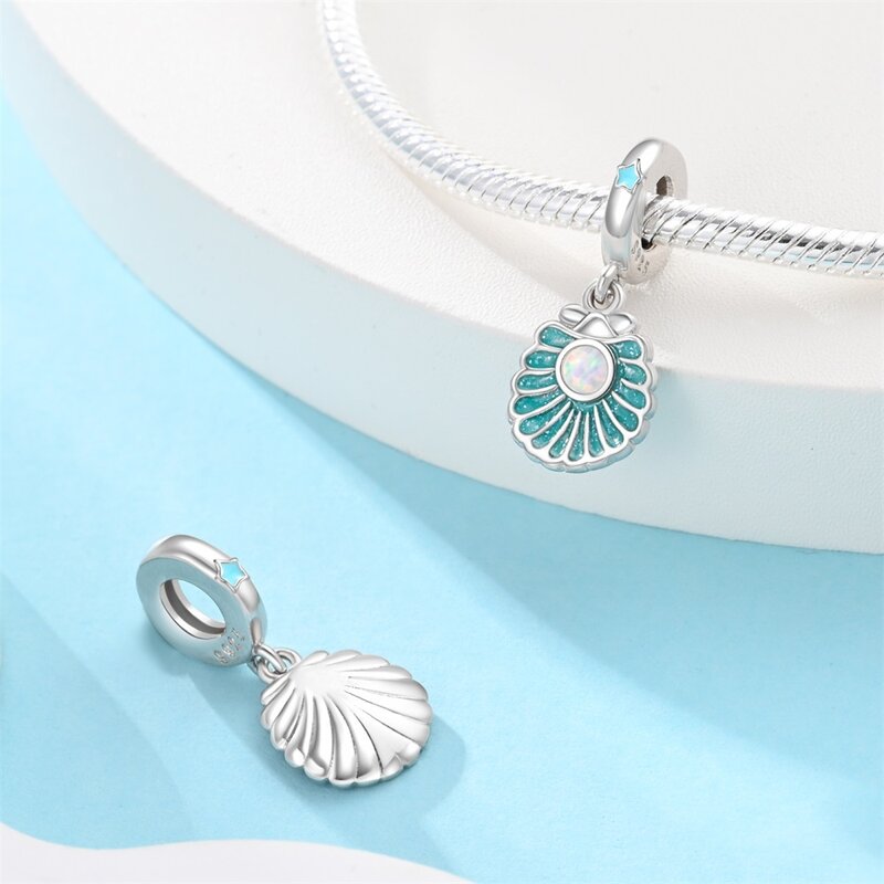 Trendy 925 Sterling Silver Blue Glow In Dark Seashells Charm Fit Pandora Bracelet Women's Beach Camping Jewelry Accessories