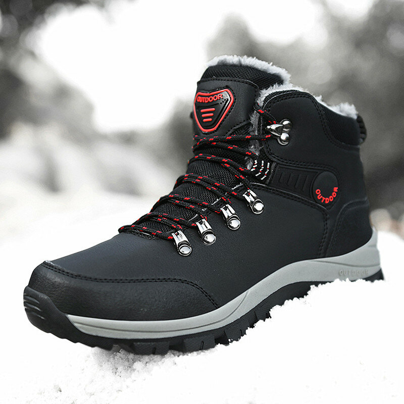Botas de caminhada impermeáveis masculinas, botas de neve de tornozelo, tênis ao ar livre, sapatos de couro quente de pelúcia alta antiderrapante, inverno