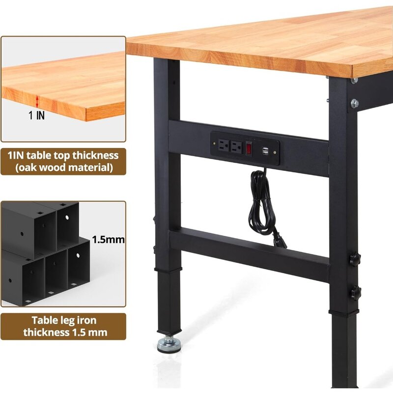 Banco de trabajo de altura ajustable, mesa de trabajo de escritorio de madera de roble resistente con tomas de corriente para garaje, taller