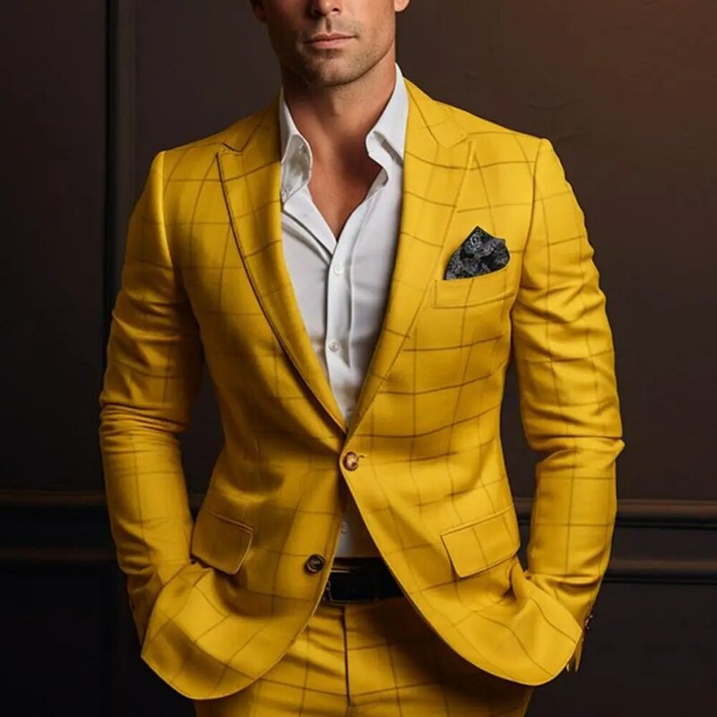 Lapel Suit Coat Elegant Plaid Print Men's Suit Coat for Formal Business Style with Slim Fit Single Button Closure for Work