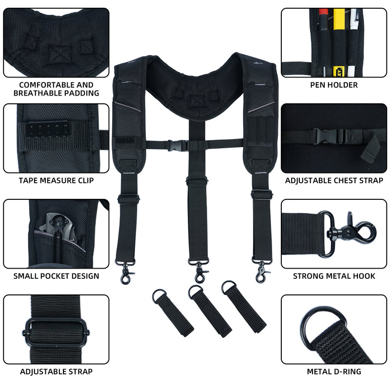 KUNN Tool Belt Suspenders,Heavy Duty 3-Points Construction Work Pouch Suspender Padded