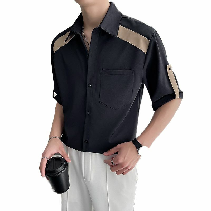 Camisa de media manga con cuello vuelto para hombre, cárdigan informal de calle alta con botones, blusa de Color de contraste que combina con todo, Y2K, novedad de verano