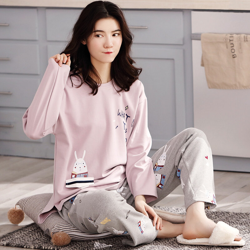 2022 New Fashion Korean Women's Sleepwear Suit 2 Pieces Set Long Sleep Tops Pant Pajamas Set Home Clothing Cotton Spring Clothes