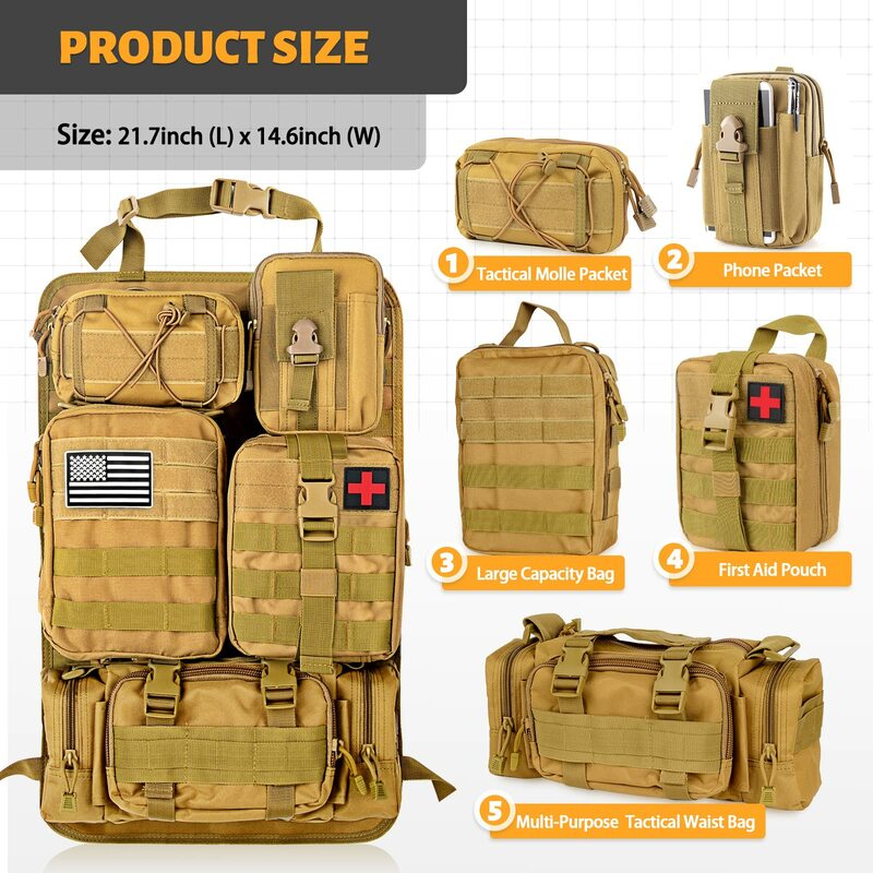 Molle Car Seat Back Organizer Tactical Seat Back Organizer with 5 Molle Pouches Universal Vehicle Panel Organizer Storage Bag