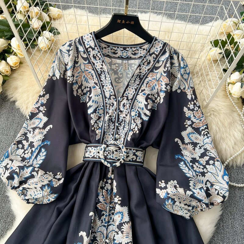 Estampa vintage feminino elegante manga folhada mini vestido, linha A Vneck, vestidos casuais, moda coreana, verão, primavera