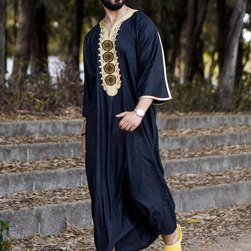Estilo nacional camisa longa dos homens lazer juventude preto muçulmano robe de moda musulmana roupas masculinas islâmicas 2022 moda