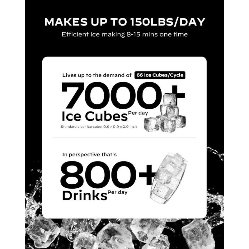Silonn pembuat es komersial, membuat 150lbs dalam 24 jam, 33lbs kapasitas penyimpanan es, Stainless Steel berdiri bebas mesin pembuat es dengan