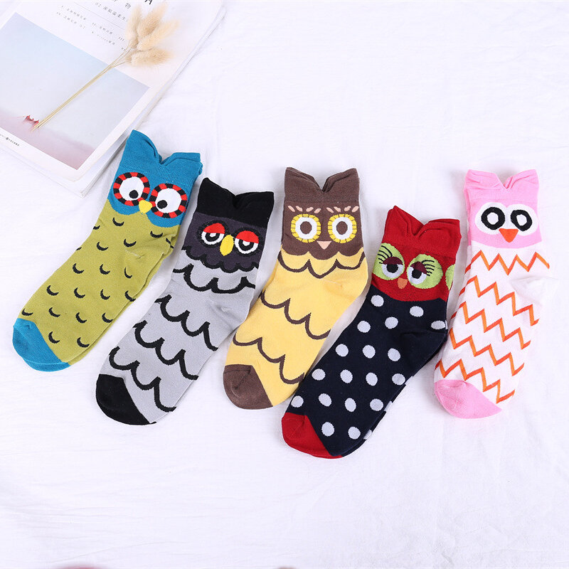 Women's Socks Spring/Summer New Cute Cartoon Owl Personalized Cotton Socks Mid Tube Cotton Breathable Socks