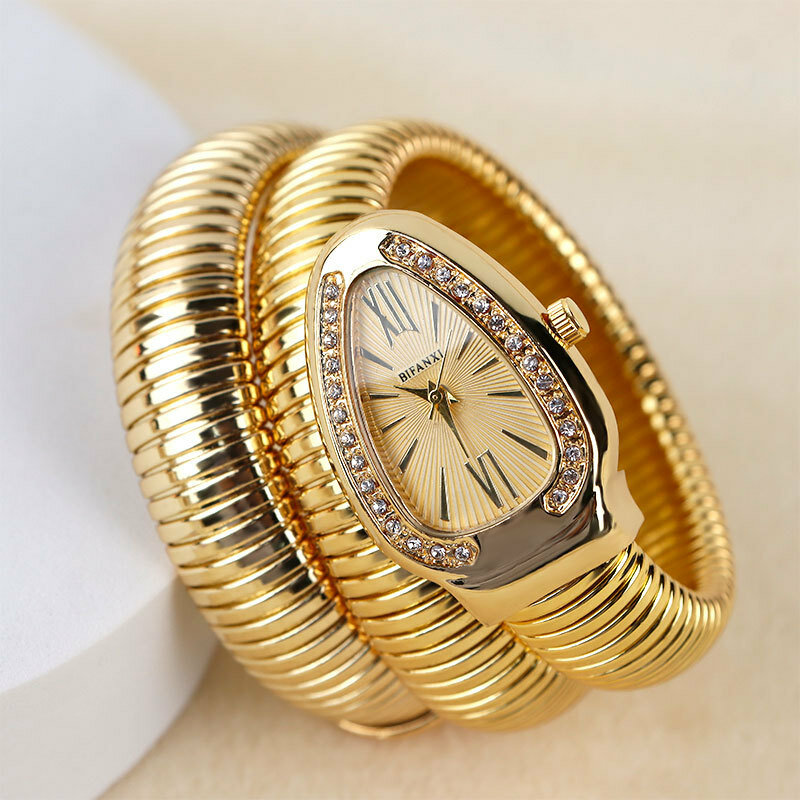 Relógio de quartzo de diamante brilhante feminino, design de cobra, três loops, relógios pulseira, ouro, dropshipping, moda