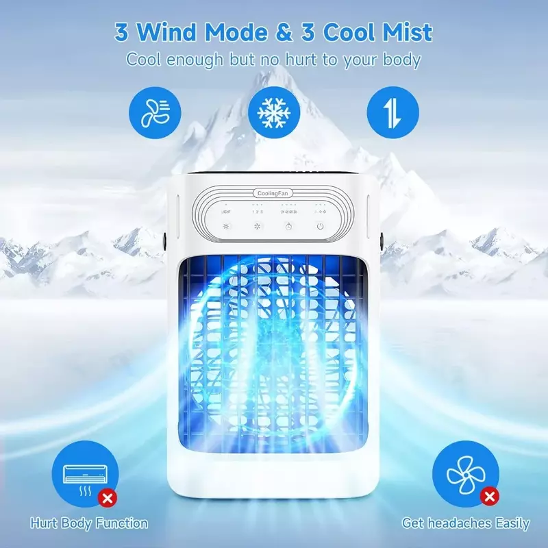 Aire acondicionado portátil, enfriador de aire evaporativo 3 en 1, 3 velocidades de viento y 7 luces LED, 3 neblinas y 2-8H temporizador de CA fría, 10W