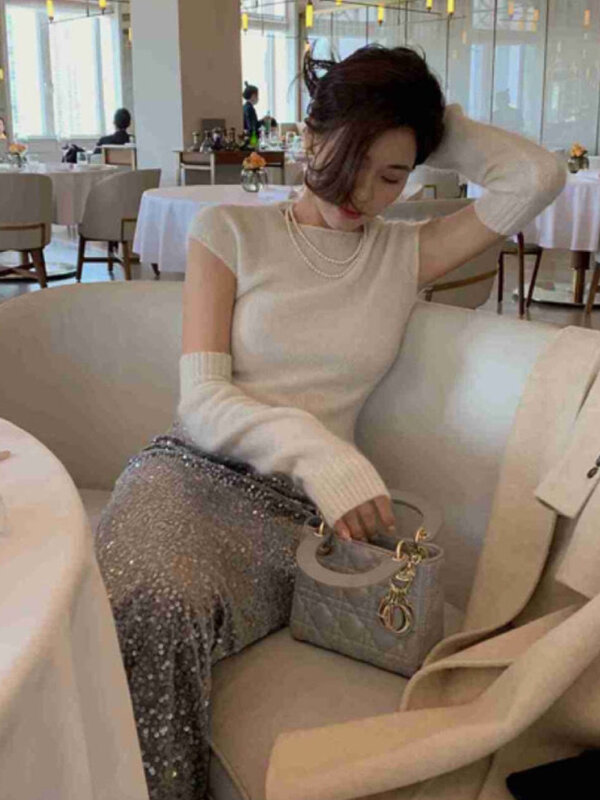 Юбка Женская средней длины с высокой талией, Элегантная Модная свободная универсальная простая юбка-трапеция с блестками, с разрезом сзади, в Корейском стиле, на осень