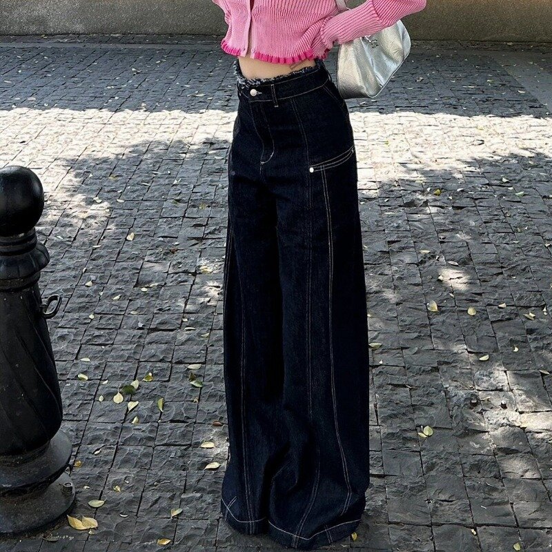 Deeptown Y2k celana Vintage wanita, Jeans Harajuku kaki lebar celana Denim ukuran besar pinggang tinggi gaya Korea celana longgar pakaian jalanan