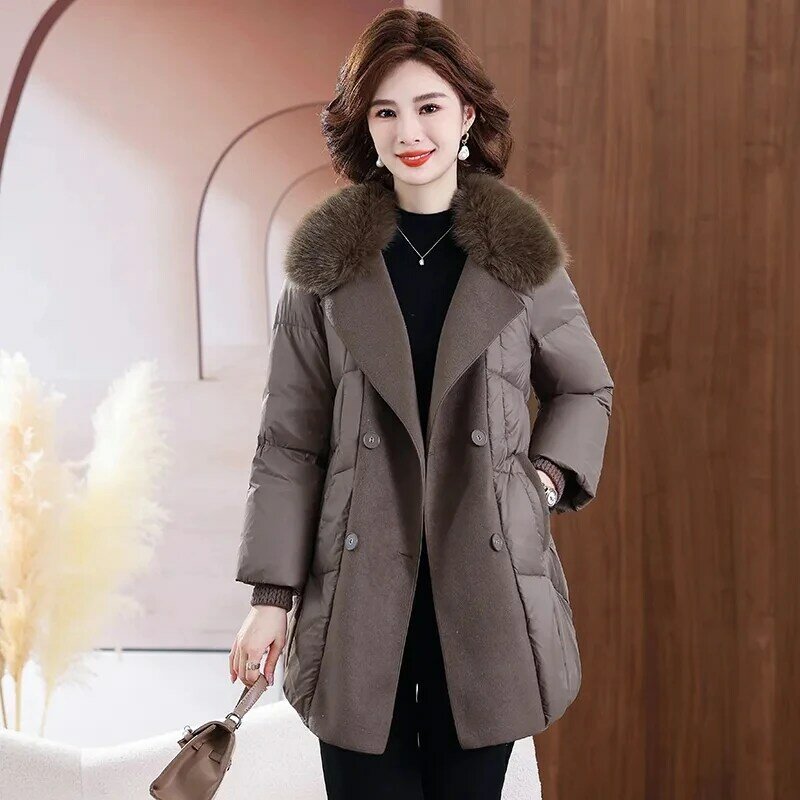 여성용 화이트 덕 다운 재킷, 패치워크 모직 코트, 중간 길이 아우터, 겨울 2023, 신상 패션