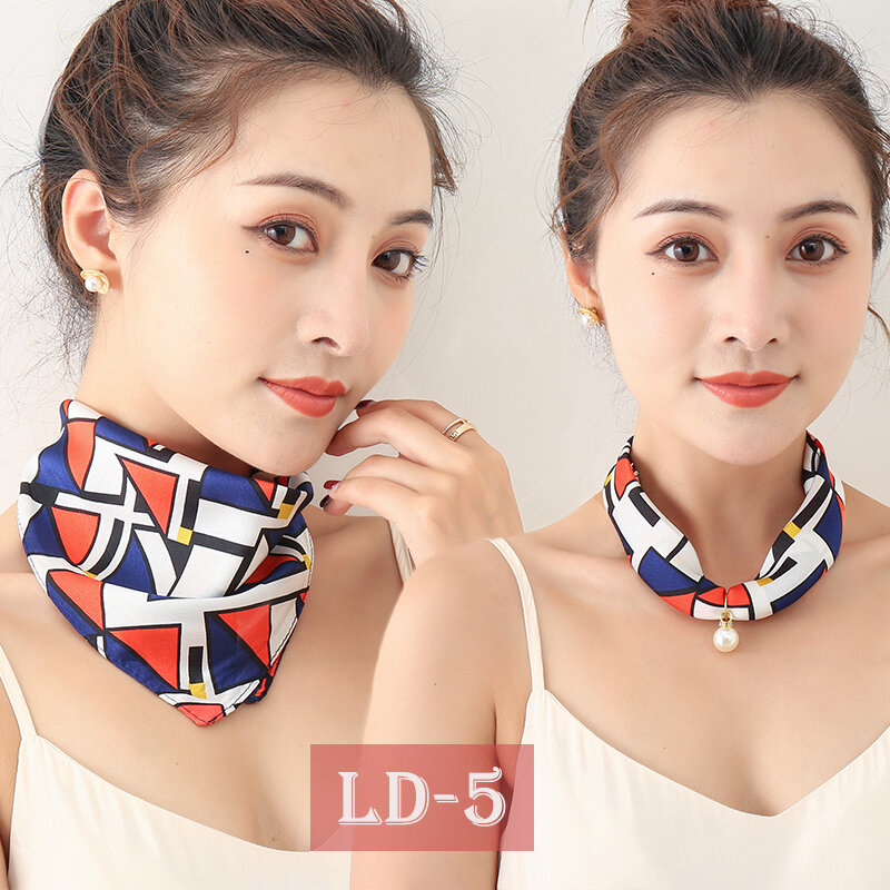 Neue Design Seide Gefühl Schal Halskette mit Perle Hals Krawatte Weibliche Hand Tasche Wirst Foulard Druck Luxus Magnet Schals Echarpe