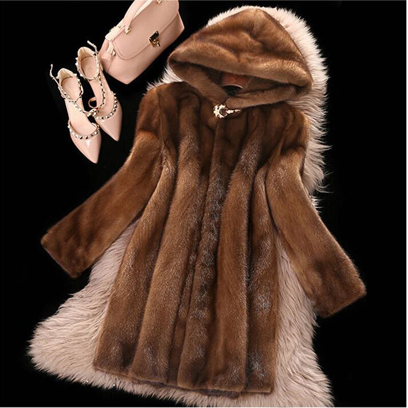 Зимнее роскошное длинное коричневое пальто из искусственного меха норки для женщин с капюшоном и длинным рукавом Элегантная Толстая теплая пушистая куртка с капюшоном 2023
