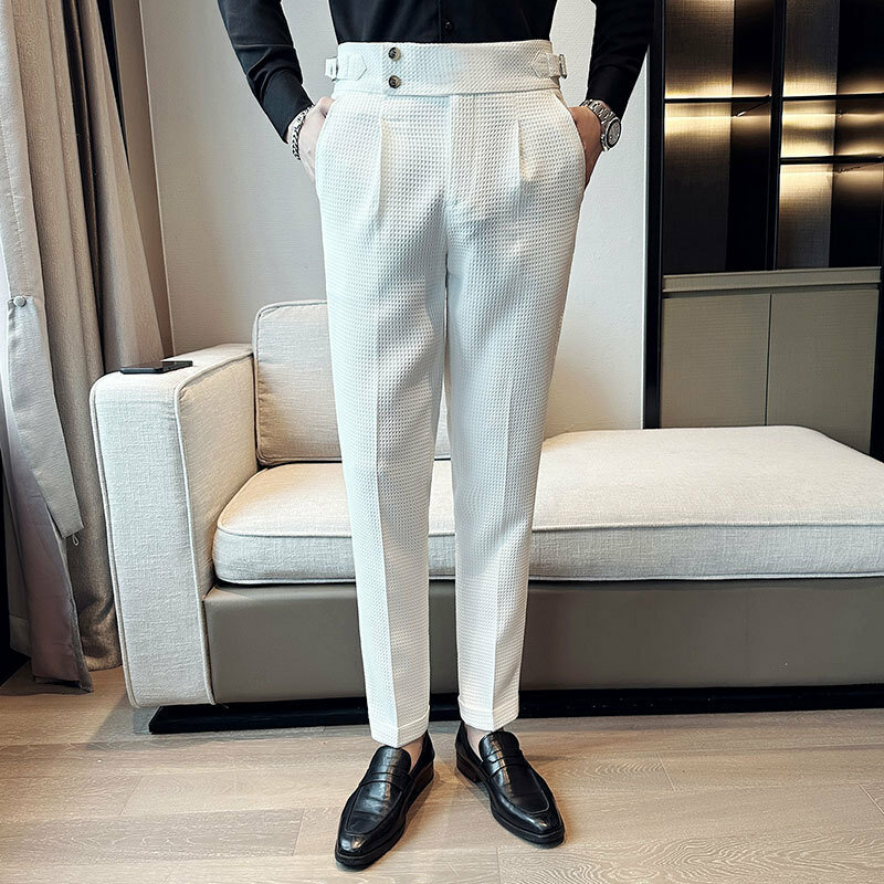 Korean Fashion Waffle Suit Pants for Men Slim Fit Casual Business Dress Pants Spring Summer Office Social Wedding Trousers