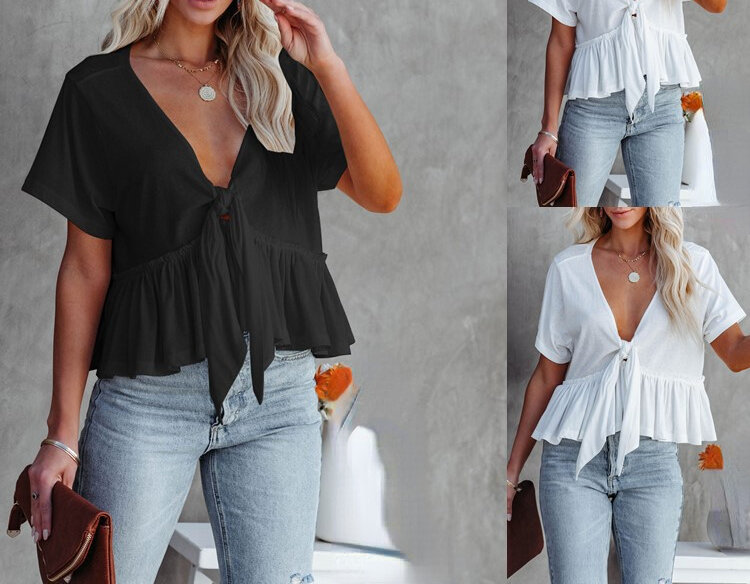 Summer New Women's Solid Color Stitching Loose Short-sleeved Lace Ruffle Top Female Shirt Casual