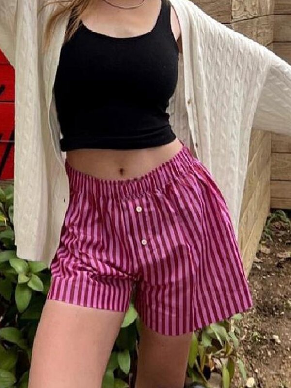 Women s Striped Lounge Shorts Y2K Elastic Waist Loose Shorts Cute Summer Button Front Pajama Bottoms