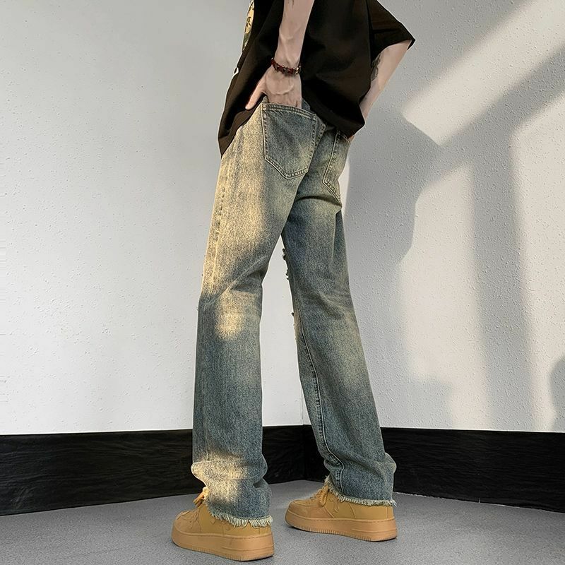 Джинсы мужские простые винтажные, стильные прямые брюки с прорезями в Европейском стиле, с градиентным переходом цветов, модные студенческие, Ins