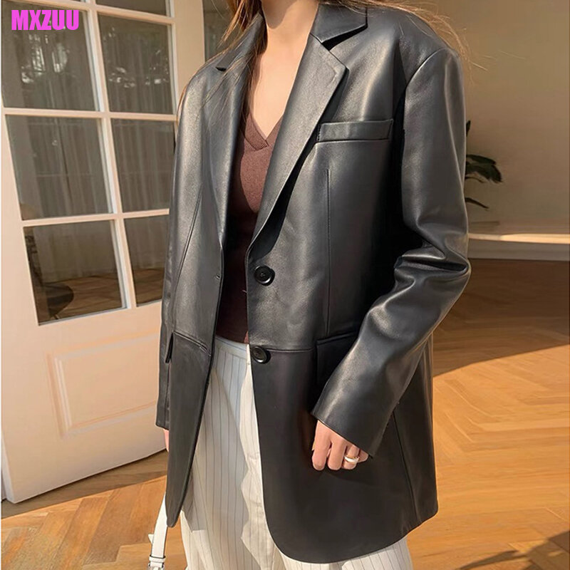 Chaqueta de cuero genuino para Mujer, chaqueta informal de gran tamaño, estilo coreano blanco, primavera y otoño, 2023