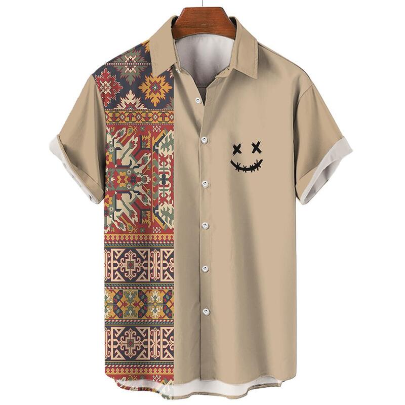 Hawaiian Shirt For Men Ethnic Shirt Beach Tees Casual Checkered Stripes Short Sleeve Button Down Shirt 3d Printed Men's Clothing