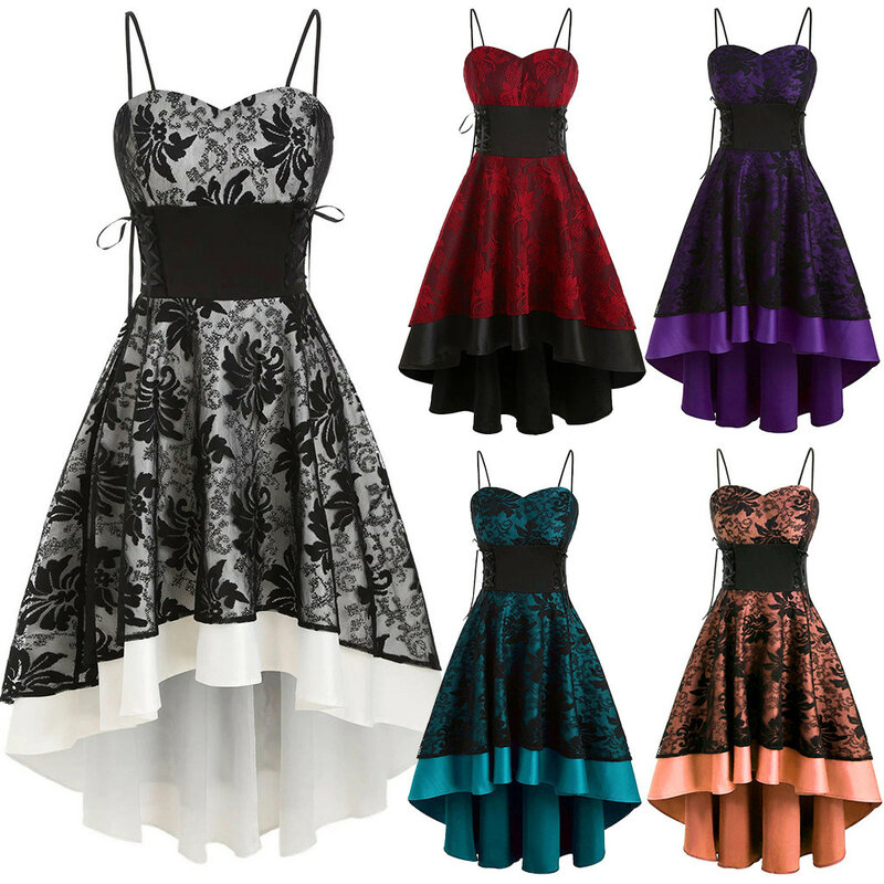 Gaun musim gugur untuk wanita tali Spaghetti bordir renda gaun pesta Prom Rockabilly ayun Hi-lo Dresses Dress