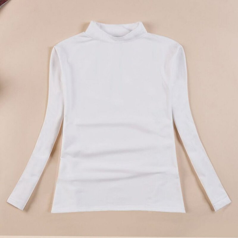 Camiseta feminina com gola alta monocromática slim fit, blusa de manga comprida, furos femininos para o polegar, senhora moderna, outono