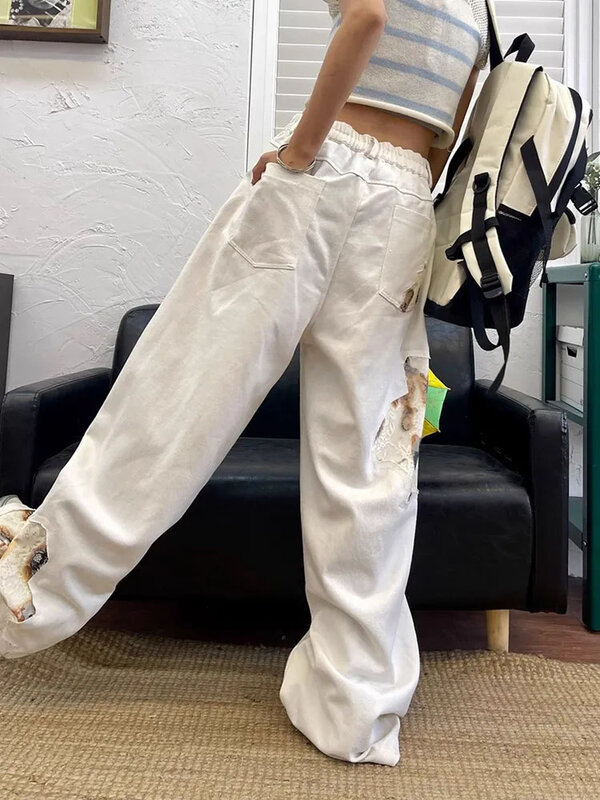 Celana kaki lebar desain baru celana Denim putih kasual modis Jeans panjang penuh pinggang tinggi gambar cetak anak perempuan Mori Retro Korea