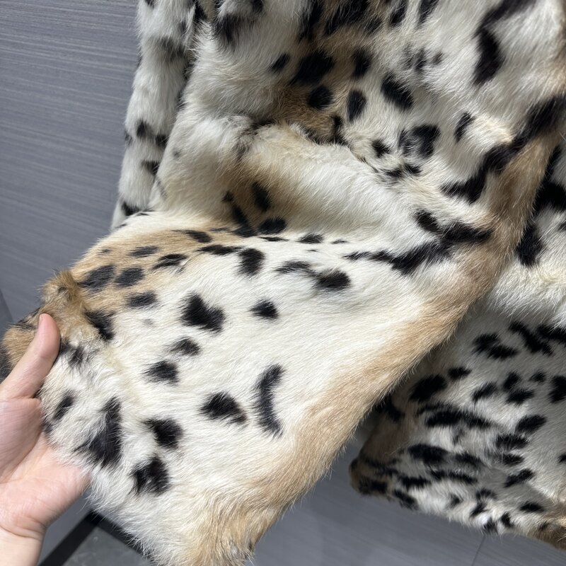 2024 Spring New Women's Wear Luxury Noble Leopard Print Rabbit Fur Lapel Fur Coat 0112