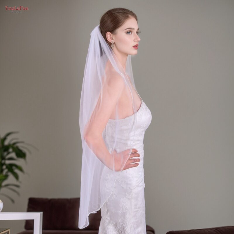 YoulaPan-Single Tier Beaded Edge Bridal Veil, Véu do casamento com Crystal Edge, comprimento do cotovelo, V107, guarnição parcial