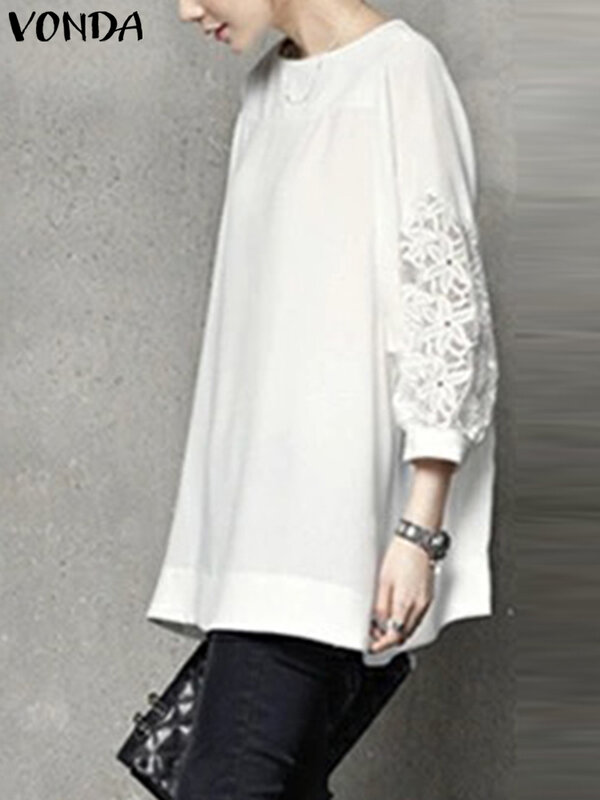 Kobiety eleganckie koszule Casual bluzka z okrągłym dekoltem VONDA 2022 Vintag 2/3 rękaw patchworkowe topy Blusas Feminina S-
