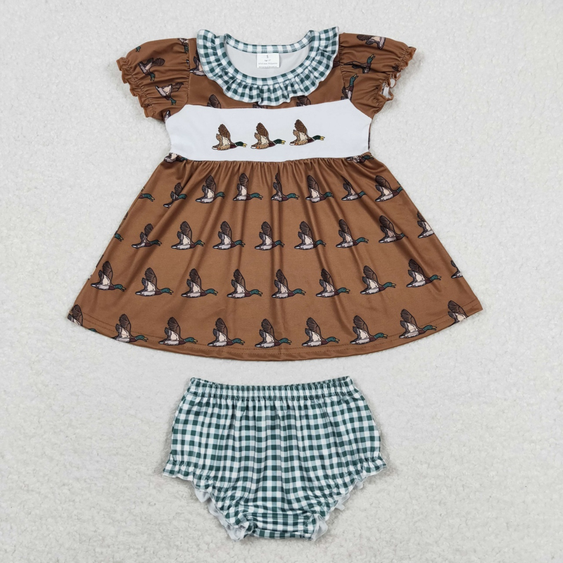 Conjunto de dos piezas para bebé y niña, ropa de manga corta con bordado de patos, Tops, pantalones cortos a cuadros verdes, venta al por mayor