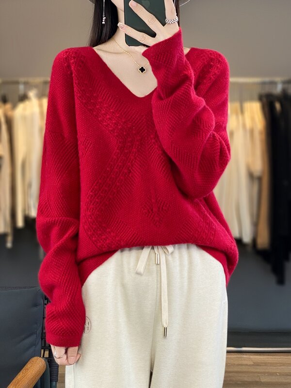 Sweater Pullover kerah V untuk wanita, Atasan pakaian wanita bunga putar, rajutan wol Merino 100% lubang tebal kasual musim gugur musim dingin