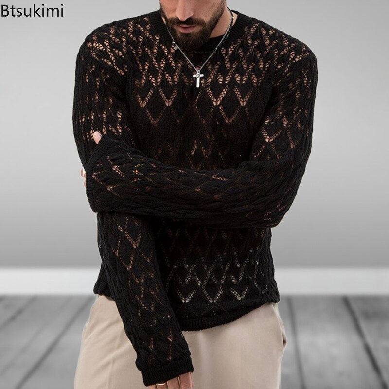 2024 Men's Sexy Hollow Out Knitted Pullover Retro Long Sleeve Thin Embroidery Knit T-shirt Black Transparent Hollow Tops for Men