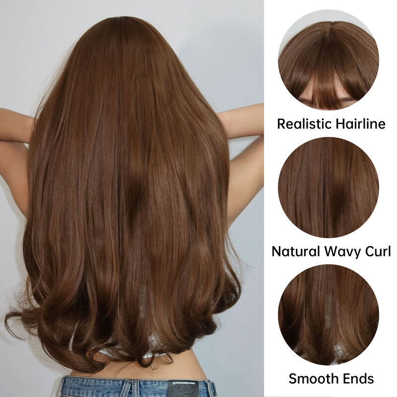 LOUIS FERRE coklat wig sintetis lurus panjang untuk wanita rambut alami dengan poni untuk penggunaan sehari-hari wig serat tahan panas Cosplay