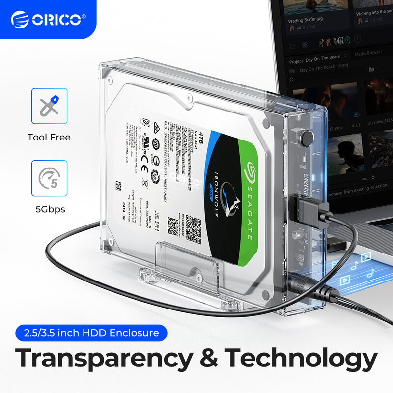 ORICO-HDD 케이스 3.5 SATA to USB3.0 6Gbps 투명 하드 드라이브 인클로저, HDD SSD 디스크 HD 외장 HDD 인클로저