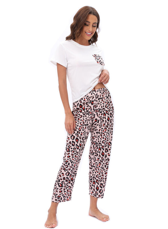 Conjunto de Pijama de 2 piezas con estampado de leopardo para Mujer, ropa de dormir con bolsillo, pantalones de manga corta, ropa de casa para primavera y verano