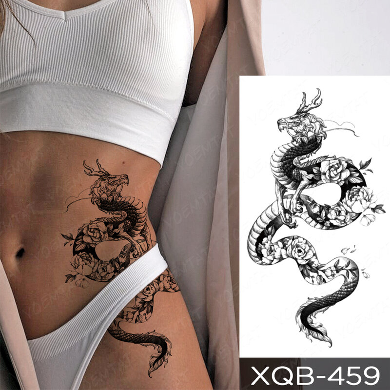 Wodoodporna tymczasowa naklejka tatuaż czarny smok wąż piwonia róża Totem Flash Tatto kobiety mężczyźni ciemny Sexy talia ramię fałszywe tatuaże