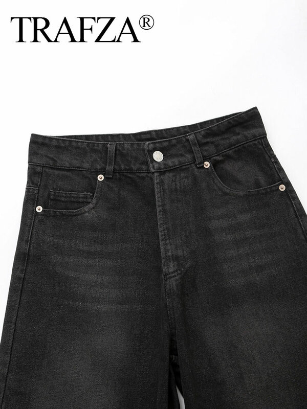 TRAFZA Female Trendy Black Denim High Waist Wide Leg Jeans 2024 Spring Vintage Metal Strap Versatile Pockets Causal Trousers