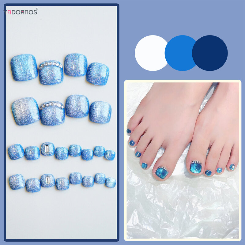 Blaue Farbe Katzenaugen gefälschte Zehennägel glänzend drücken auf Nägel für Fuß DIY Maniküre Diamant Design falsche Nägel Tipps für Frauen Mädchen