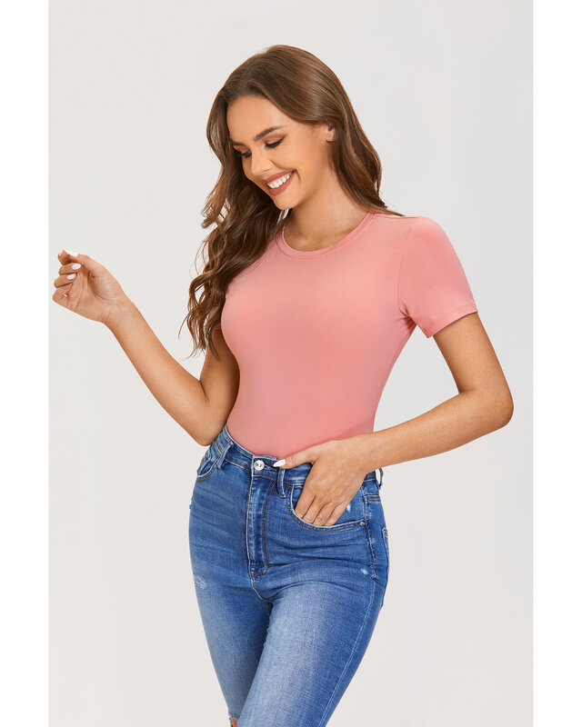 여성용 반팔 바디수트 코튼 크루넥 티셔츠, 기본 여름 상의, 섹시한 슬리밍 쉐이프웨어, 바디콘 단색 의상
