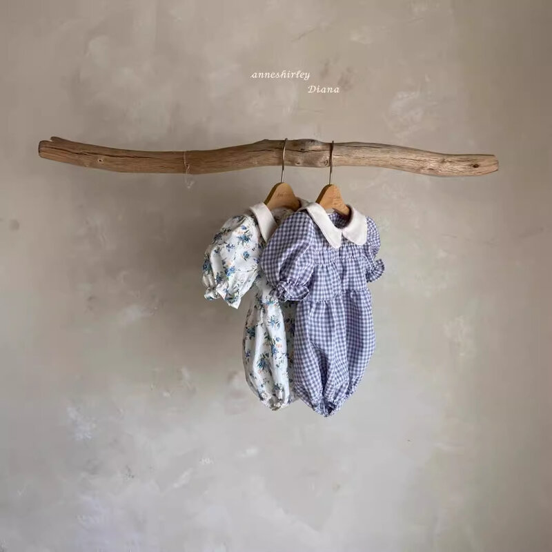 여름 격자 무늬 라펠 반팔 캐주얼 바디 수트, 꽃무늬 프린트, 얇은 코튼 원시, 신생아 의류
