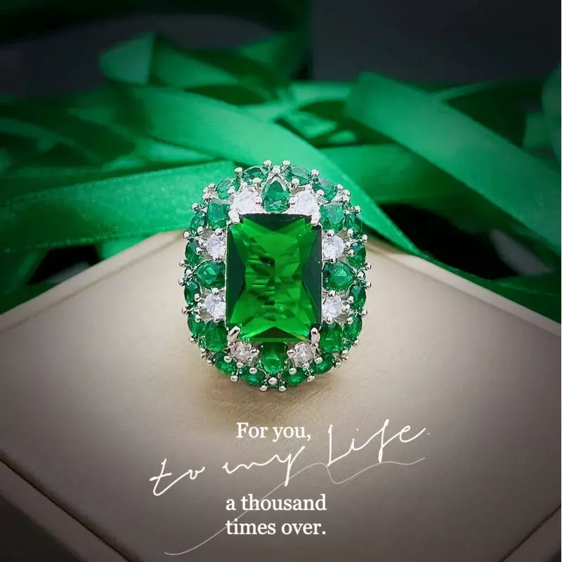Luxury 100% 18 K White Gold Rings for Women Created Natural Emerald Gemstone Diamond Wedding Engagement Ring Fine Jewelry Gold