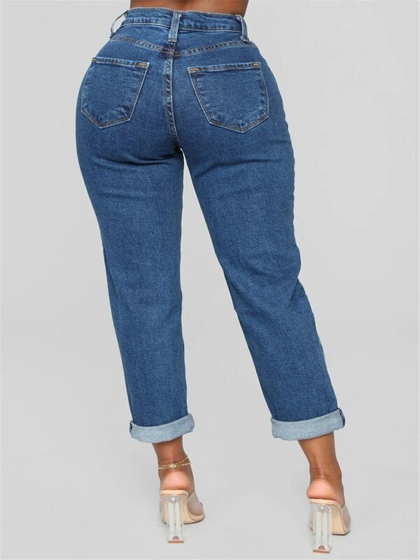Celana panjang Denim longgar untuk wanita, celana panjang Denim longgar warna polos, pakaian Jeans wanita
