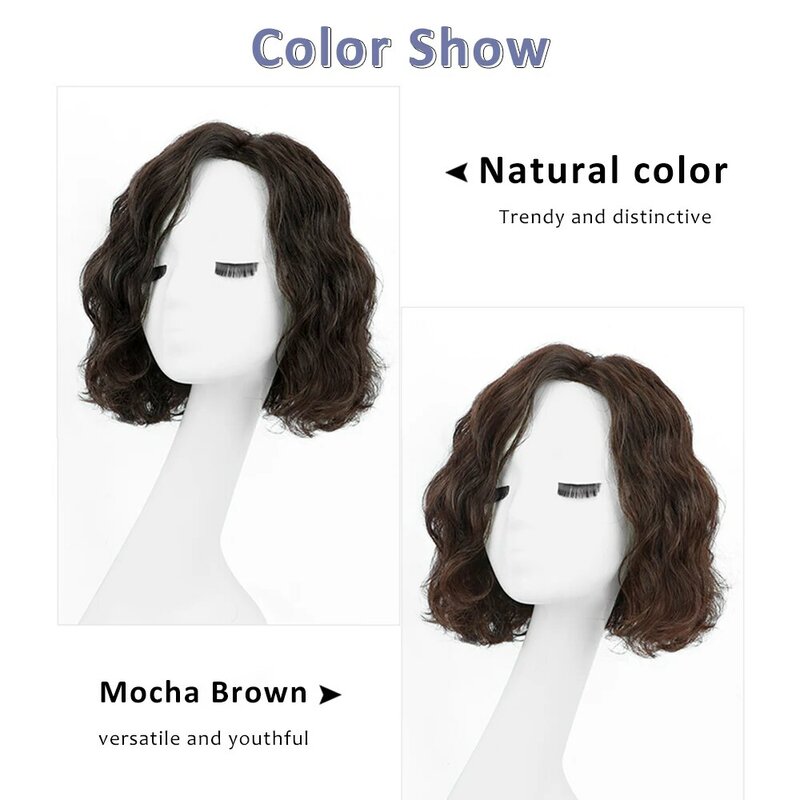 Curto Ombro Curly Wavy Bob Wig para mulheres, cabelo humano real, marrom, parte média, uso diário de festa